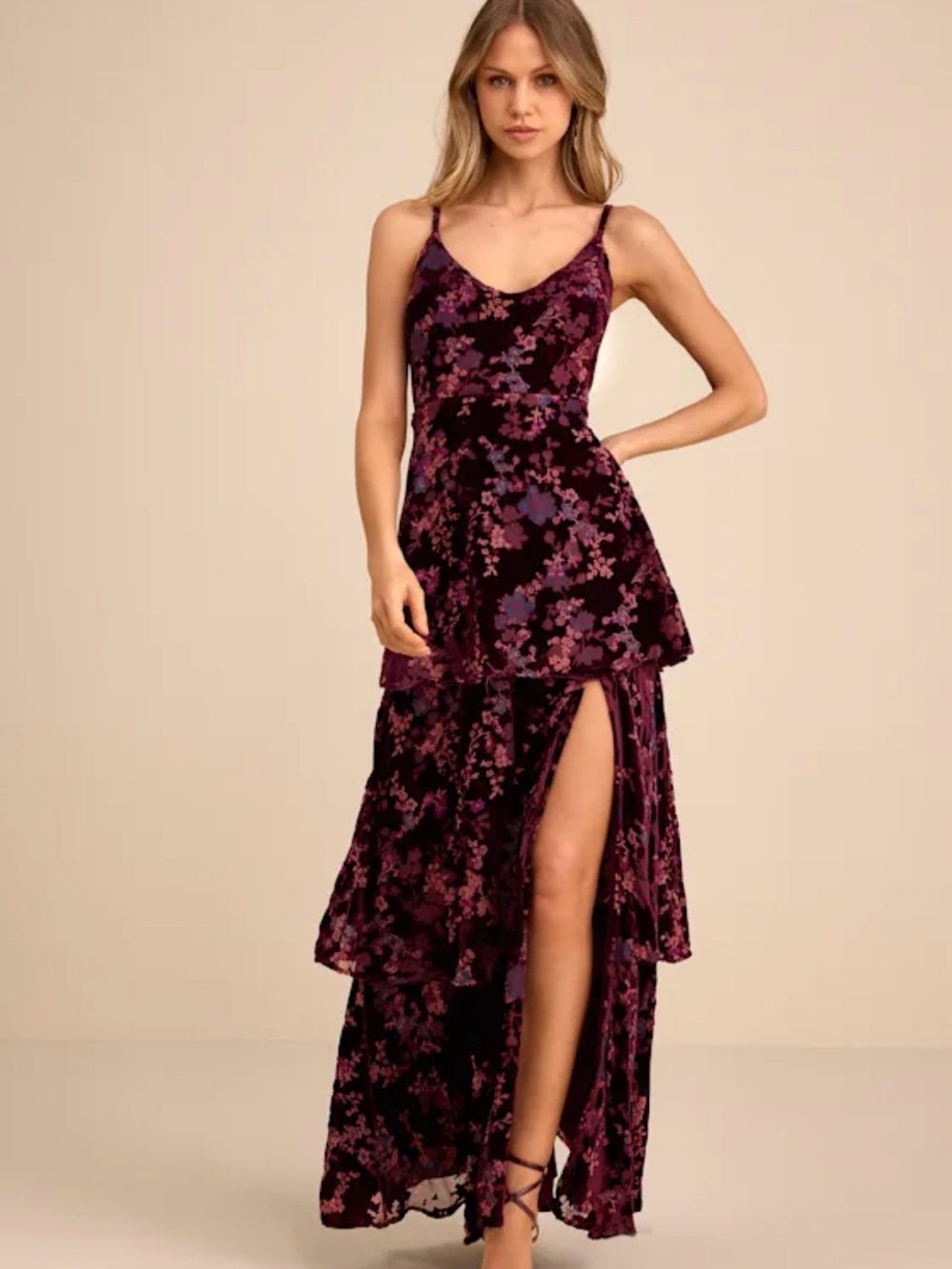 Lulus I Love You Amore Plum Purple Floral Velvet Tiered Maxi Dress